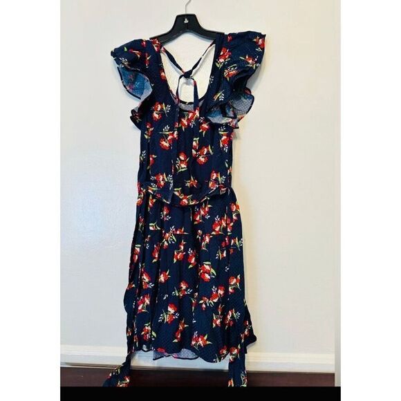 JILL STUART Navy Back Cut Out Floral Cap Sleeve Scoop Neck Short Fit dress sz S - Picture 4 of 6